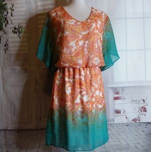 Bisou Bisou Michelle Bohbot orange green paisley dress size 2